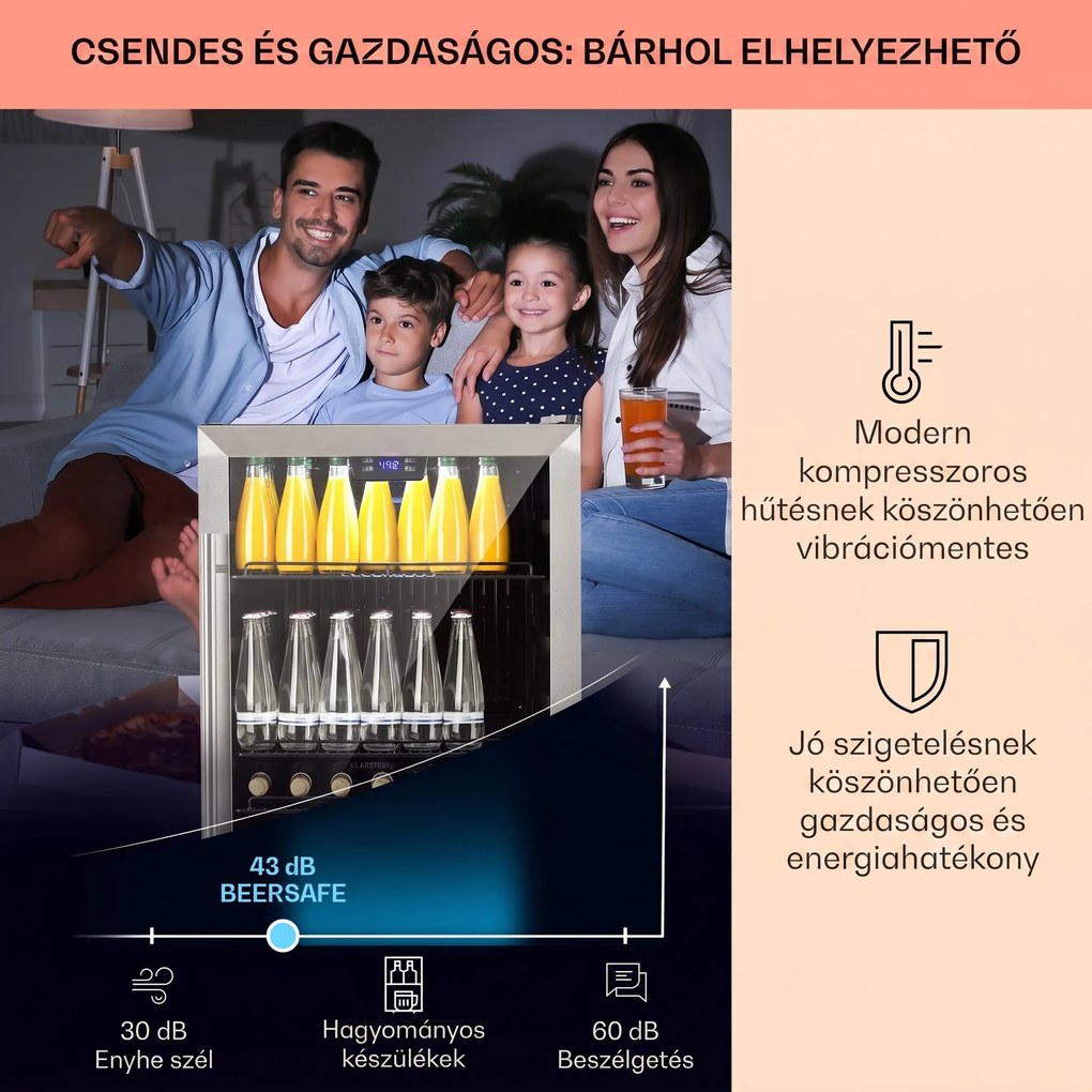 Klarstein Beersafe 5XL, hűtőszekrény, 147 liter, 3 polc, panoráma üvegajtó, rozsdamentes acél