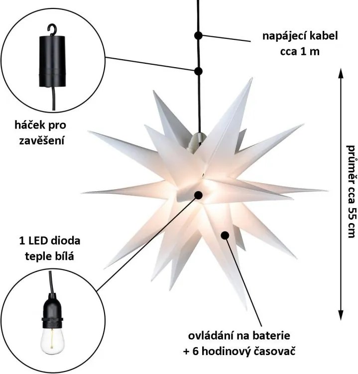NEXOS Karácsonyi csillag időzítővel 1 LED 55 cm fehér