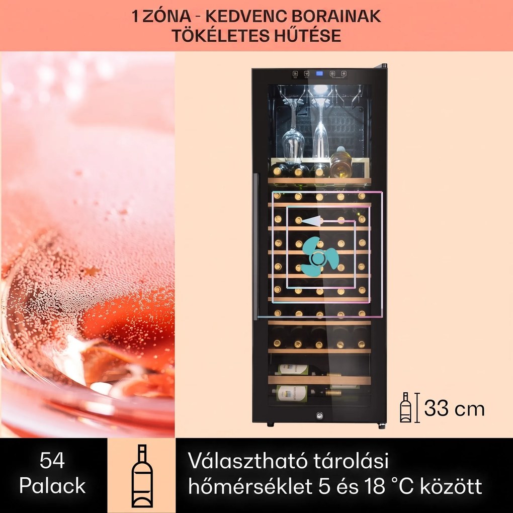 Klarstein Barossa 54 Uno, borhűtő, 155 liter, 54 palack, üvegajtó, érintőképernyős LED