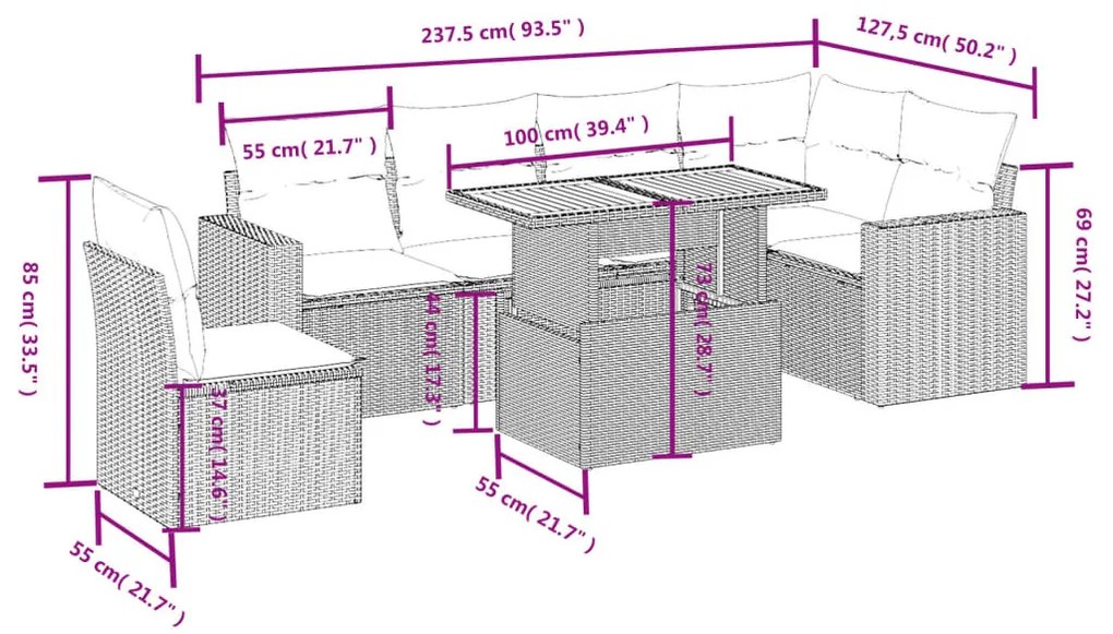 7 részes fekete polyrattan kerti ülőgarnitúra párnával