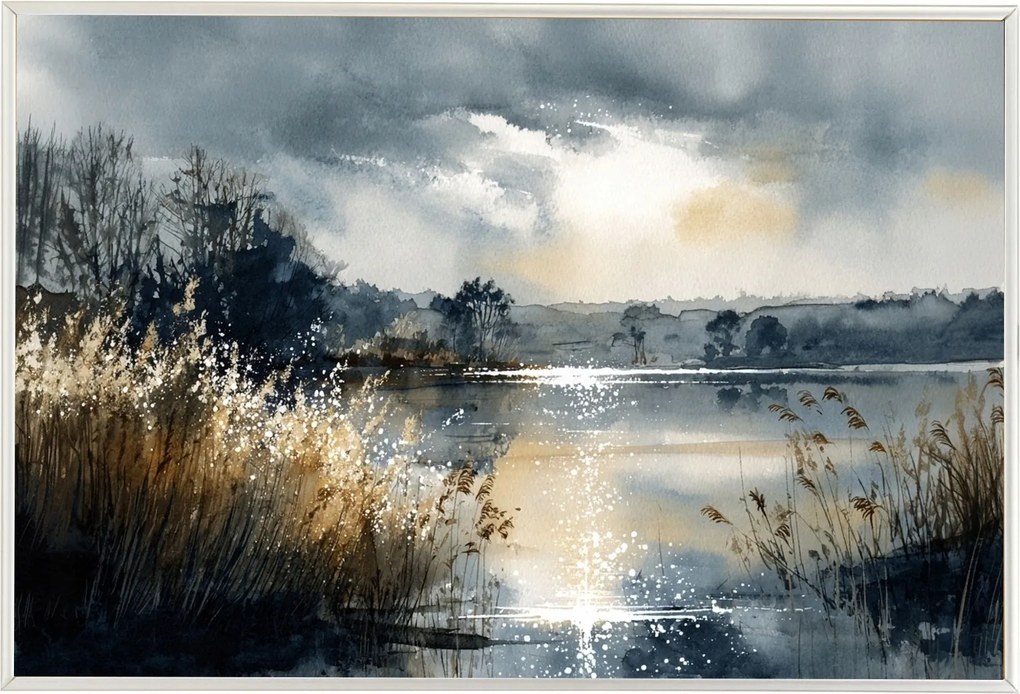 Poszter Keret Alumínium Tájkép Tó Mazury Fű Part Nap 60x40