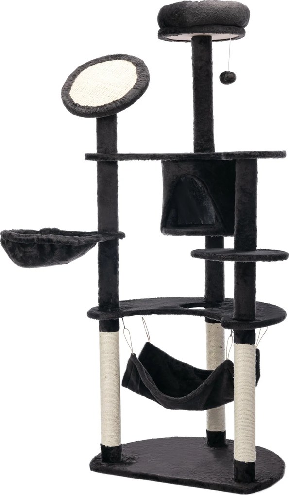 PawHut Nagyméretű Macska Karomfűrész 65x50x153 cm - Macska Torony Játék Központ Több Platformmal, Posta, Függőágy, Játék Labdák és Sötétszürke Barlang