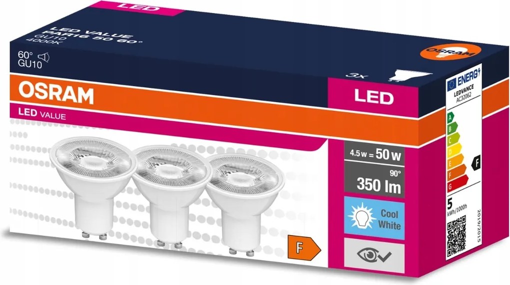 3x Led izzó GU10 4,5W 50W 350lm 4000K Semleges 60° Osram Value