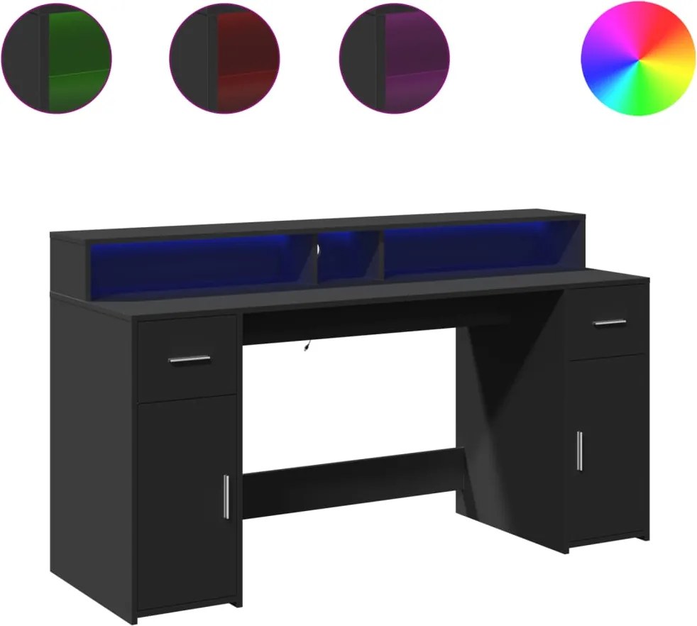 vidaXL fekete szerelt fa íróasztal LED-világítással 160 x 55 x 91 cm