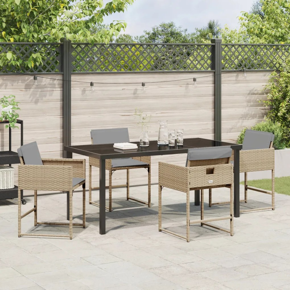 5 Darabos Kert Étkezőszett Párnákkal Bézs Poly Rattan, Kert Asztal Fekete 160x80x73 cm Edzett Üveg
