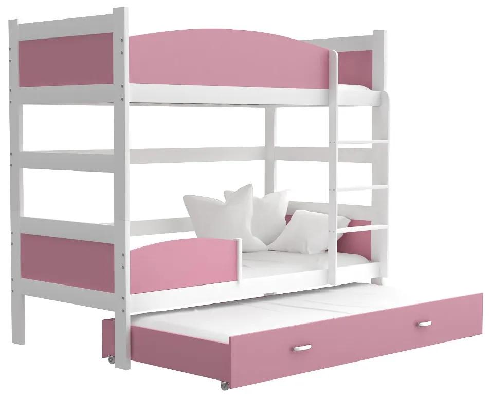 TWIST3 COLOR emeletes ágy pótággyal, 190x90 cm, fehér/rózsaszín