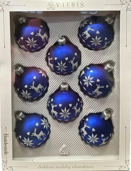 Vitbis Üveg karácsonyfadísz 6 cm 8 db Kék Kézzel festett
