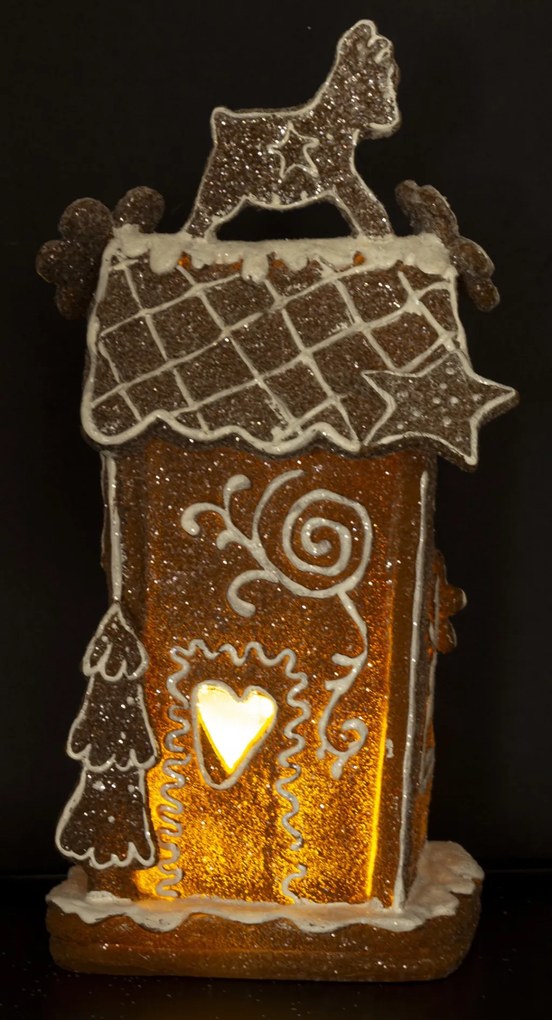 LED-es karácsonyi barna grillázs lámpás házikó ünnepi rénszarvas tetős díszítéssel asztali dekoráció 26,5x14x11cm
