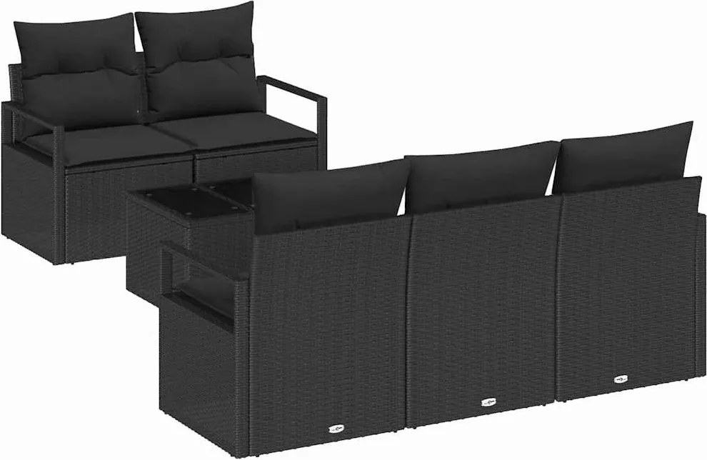 vidaXL Kerti Kanapé Szett párnával tárolóval 6 pcs Fekete polirattan