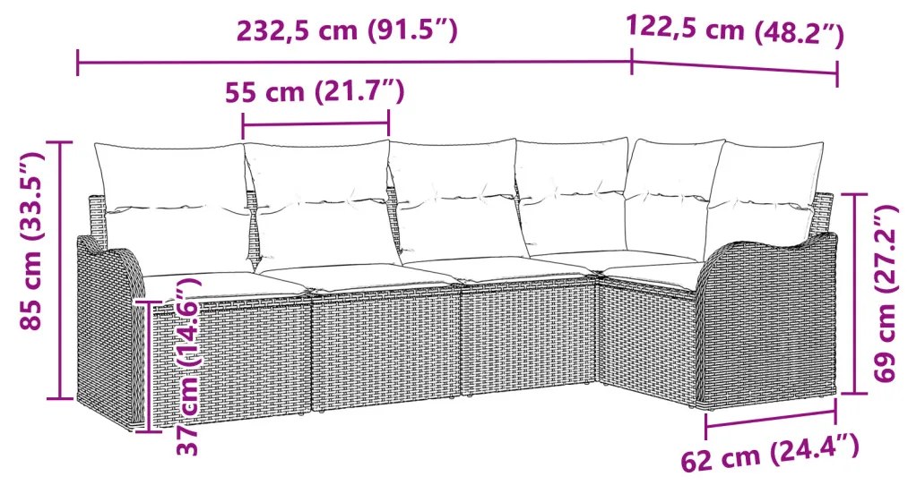 5 részes kerti kanapé szett párnákkal, világosszürke poli rattan, 2 fős kerti kanapé párnákkal, világosszürke poli rattan