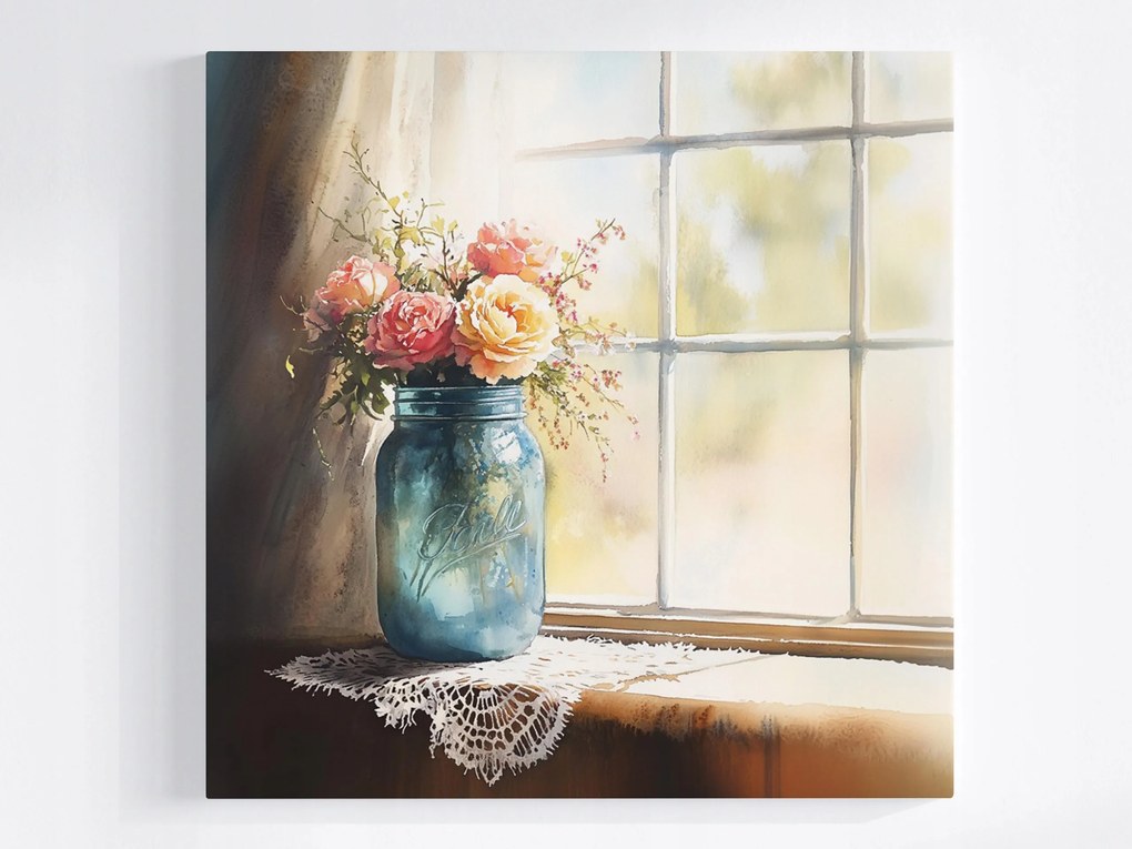 Vászonkép Canvas Akvarell Virágok Rózsák Befőttesüveg Ablak Shabby Chic 80x80