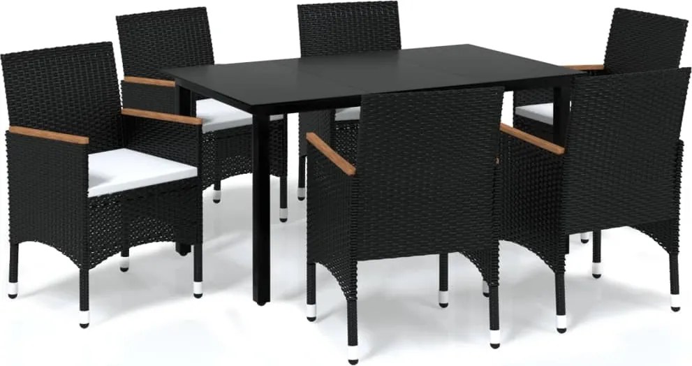 vidaXL 7 részes fekete polyrattan kerti étkezőgarnitúra párnákkal