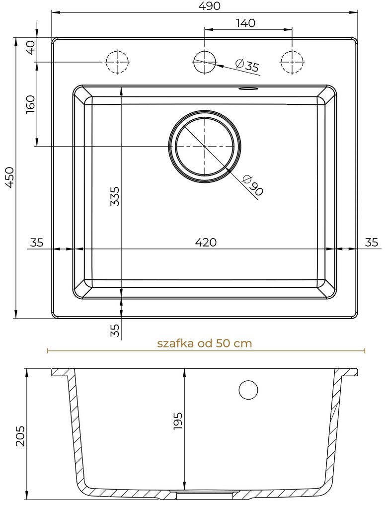 Mosogató Quality Ferrum 50, konyhai gránit mosogató 490x450x195 mm + arany szifon, fekete, SKQ-FER.C.1K50.XG