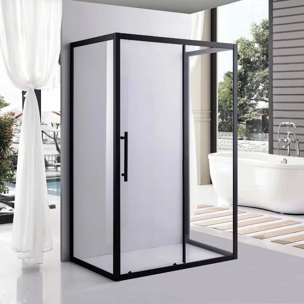 Stuxi Nizza Black 100x70 falsíkra szerelhető 3 oldalú tolóajtós zuhanykabin 6 mm vízlepergető biztonsági üveggel, fekete elemekkel, 200 cm magas