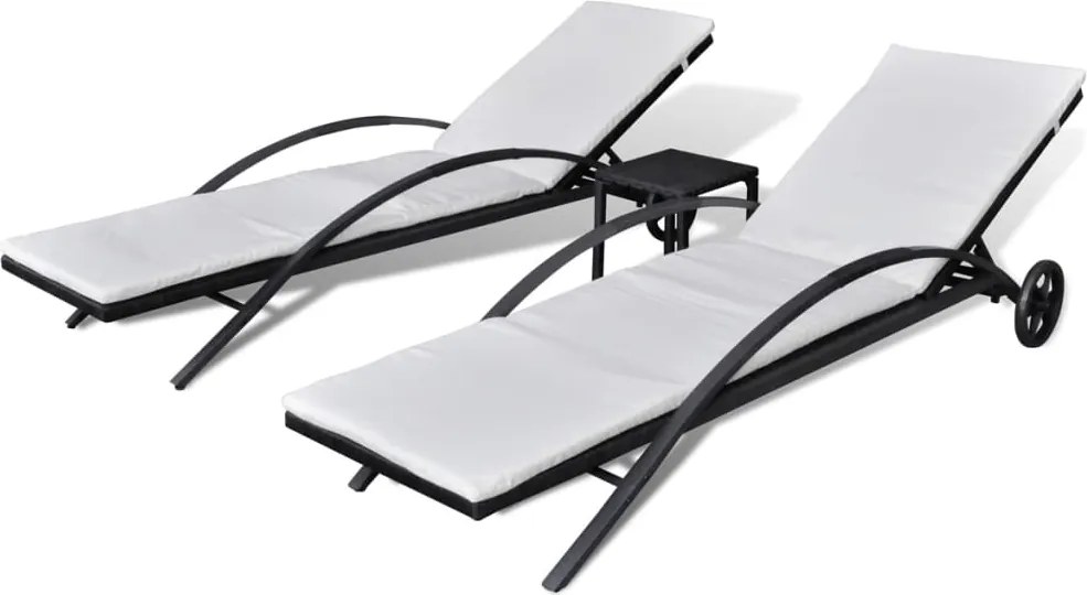 vidaXL fekete polyrattan napozóágyak asztallal