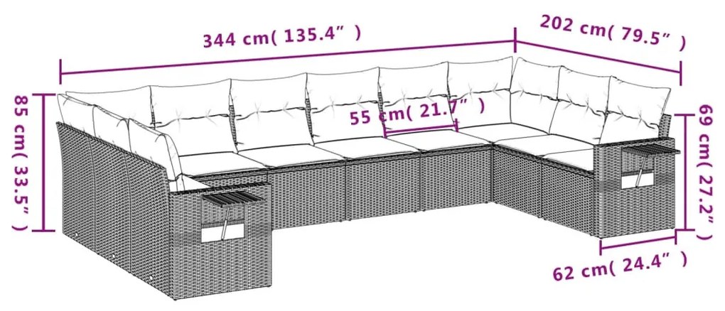 10 részes fekete polyrattan kerti ülőgarnitúra párnákkal