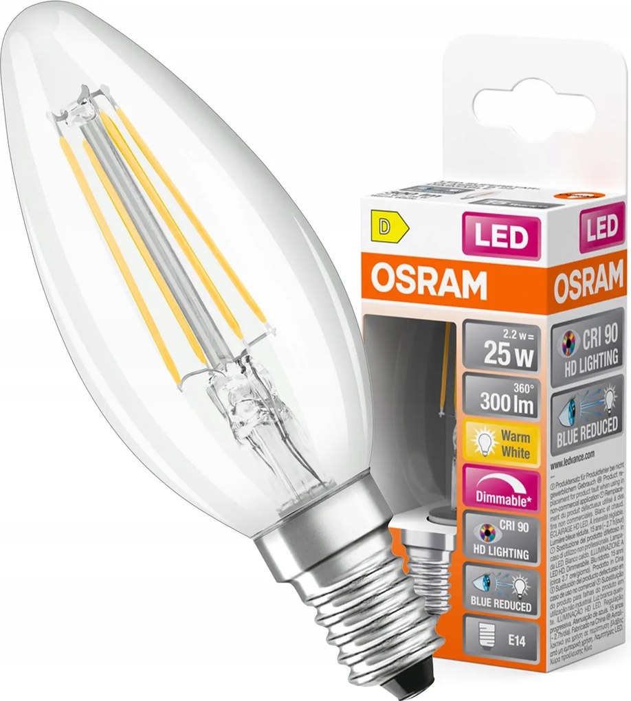Led izzó Gyertya E14 2.2W 25W 2700K Meleg CRI90 Filament Tompítható