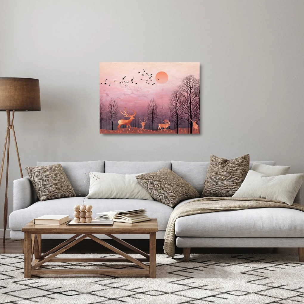 Kép - Szarvas a lenyugvó nap fényében (üvegen) (70x50 cm)