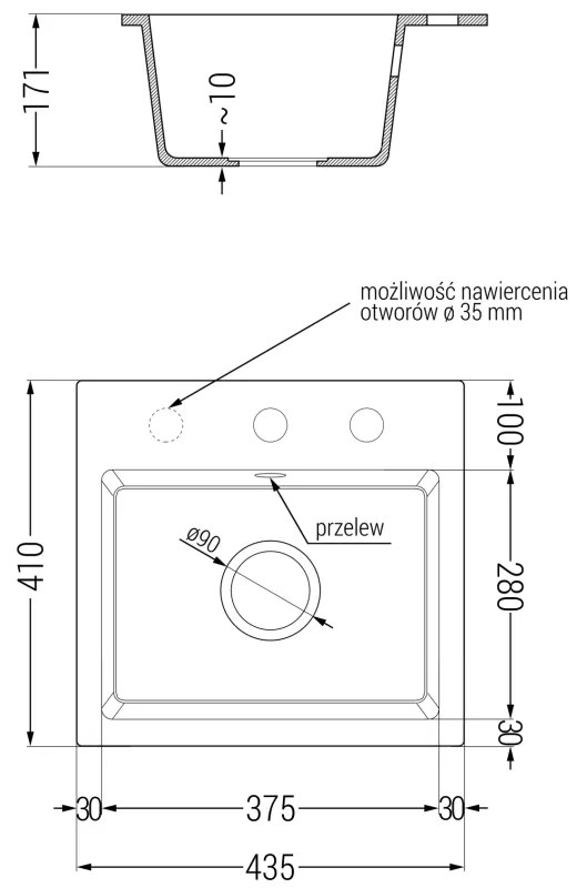 Mexen Milo, 1 kamrás gránit mosogató 435x410x171 mm és Savita mosogató csaptelep, fekete-arany metál, 6505-75-672601-50