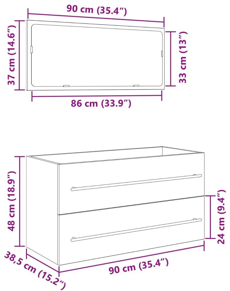 vidaXL Mosdó Szekrény Tükörrel Fekete Tölgy 90x45x1,5 cm Mérnöki Fa