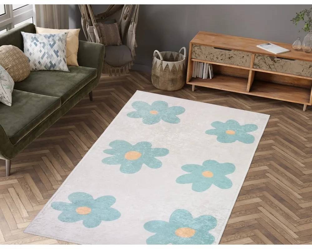 Mentazöld-elefántcsont színű mosható gyerek szőnyeg 120x180 cm Cute Flowers Green – Vitaus