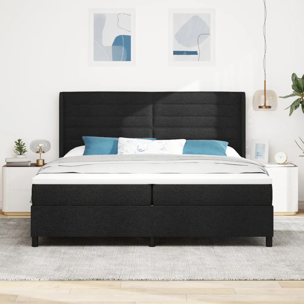 Boxspring ágy matraccal és LED világítással, fekete, 200x200 cm szövet