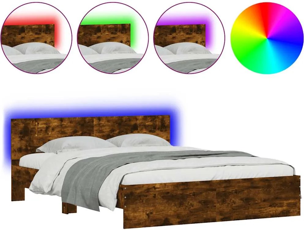 vidaXL füstös tölgy színű ágykeret fejtámlával és LED-del 150x200 cm