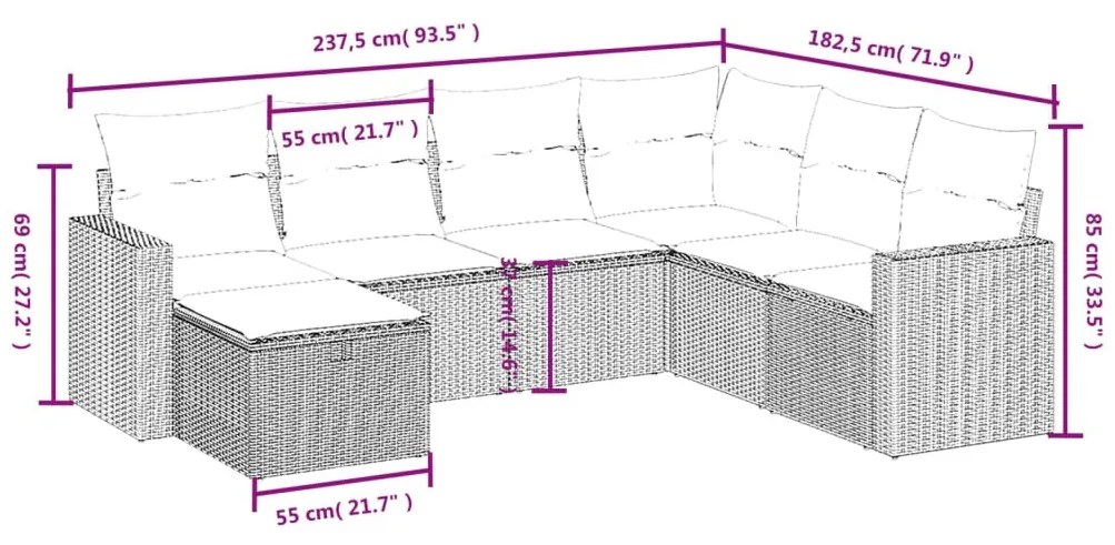 7 részes fekete polyrattan kerti ülőgarnitúra párnával