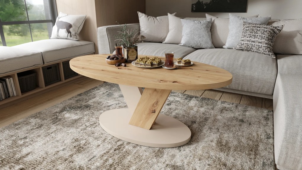 Mazzoni LOVA Artisan Tölgy/Bézs (Pezsgő színű) - OVÁLIS DOHÁNYZÓASZTAL 110x60 cm MODERN KÁVÉZÓ ASZTAL