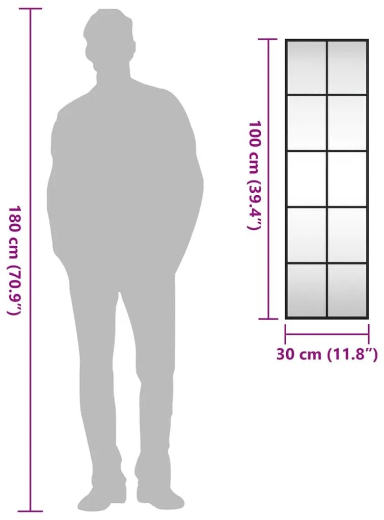 fekete téglalap alakú vas fali tükör 30 x 100 cm