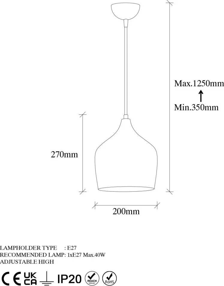 Murek 11555 réz fém függőlámpa, Ø20 cm