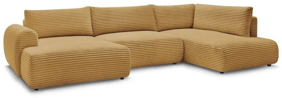 Mustársárga kordbársony kinyitható-tárolóhelyes sarokkanapé (jobb oldali-U alakú) Lucien – Bobochic Paris