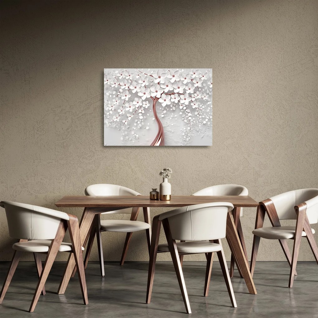 Kép - Egy fehér fa képe virágokkal, rózsaarany (üvegen) (70x50 cm)