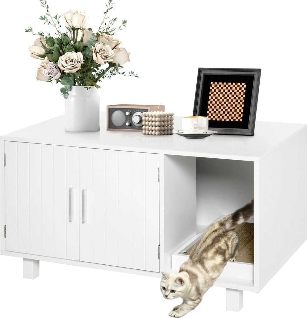 PawHut Macskaalom doboz bútor ajtós kaparóval, 91x52x50,5 cm, fehér | Aosom