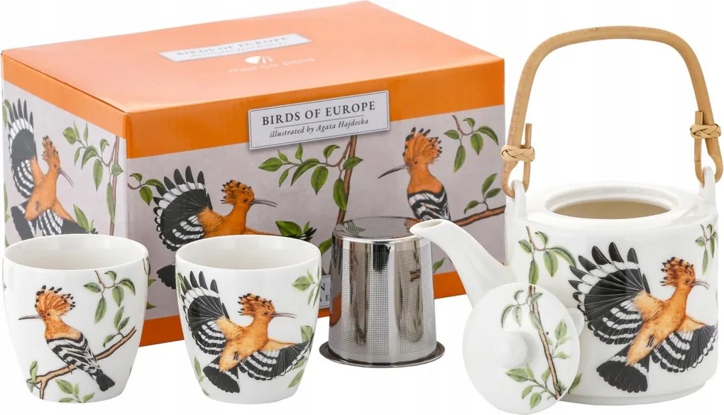 Porcelán kancsó 600 ml szűrő 2 csésze 150 ml dudek Lengyel Madarak