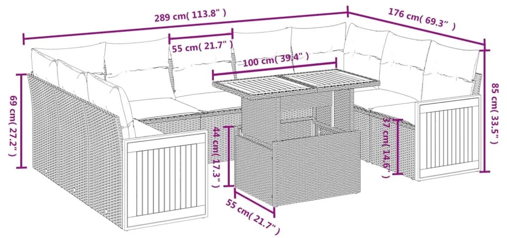 10 részes szürke polyrattan kerti ülőgarnitúra párnákkal