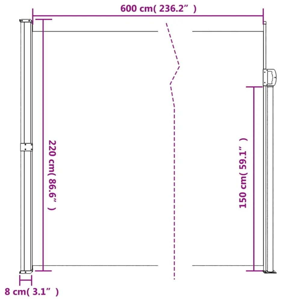 sötétzöld behúzható oldalsó napellenző 220 x 600 cm