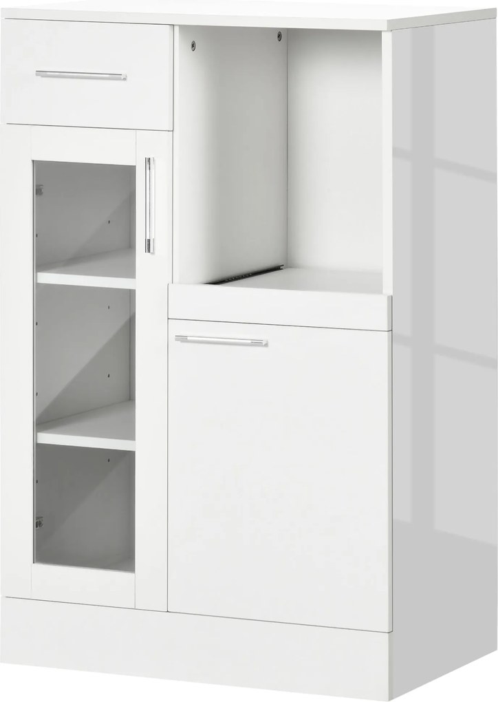HOMCOM Modern Tálalószekrény Szekrényekkel és Fiókkal, Helytakarékos Konyhaszekrény Fa és Üveg Anyagból 60x40x95cm, Fehér | Aosom