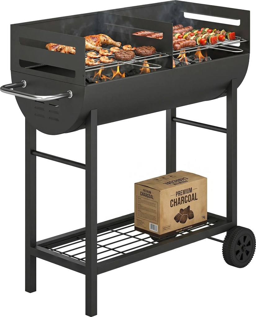 Outsunny faszenes grillkocsi két sütőzónával, állítható rostélyokkal, fa polccal és kerekekkel – hordozható grill (103 x 46,5 x 100 cm) Fekete | Aosom