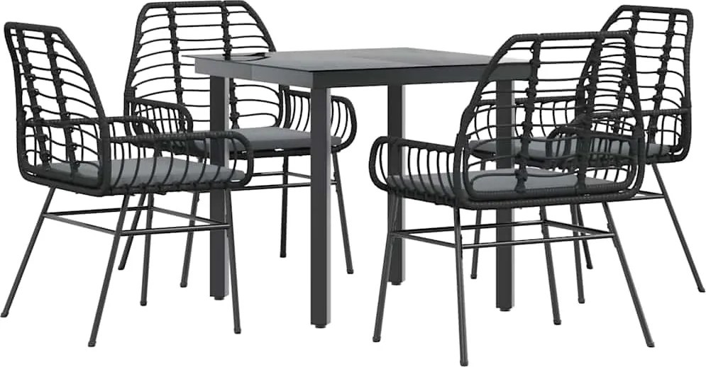 vidaXL 5 részes fekete polyrattan üveg kerti étkezőgarnitúra párnákkal