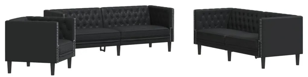 3 részes fekete műbőr Chesterfield kanapégarnitúra