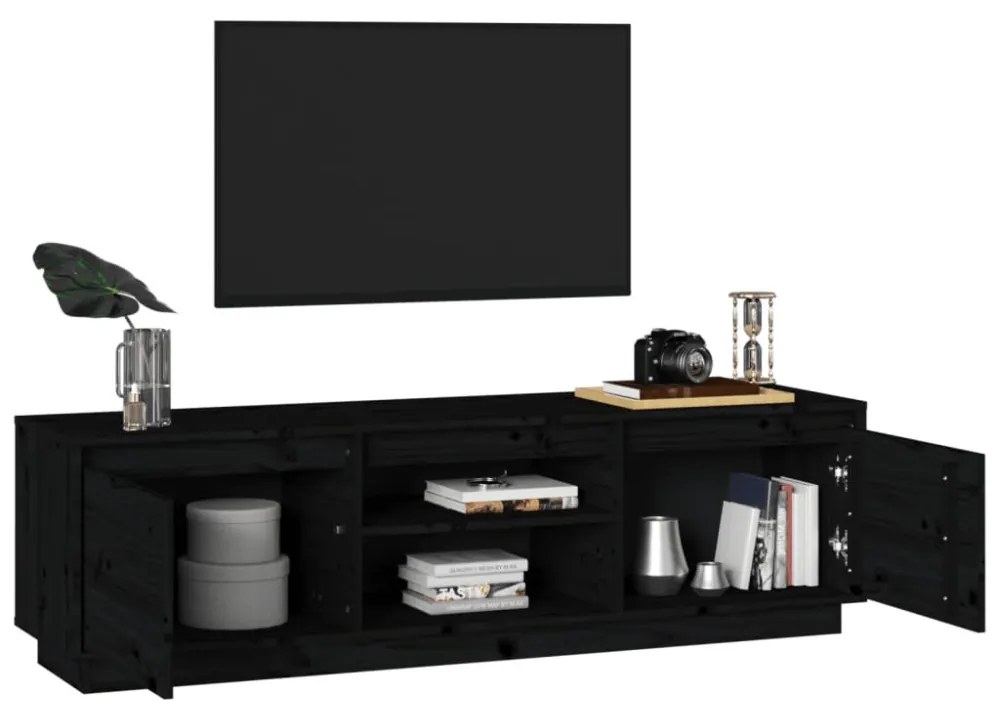 fekete tömör fenyőfa TV-szekrény 140 x 35 x 40 cm