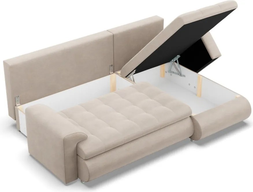 Tokio sarokkanapé, 2 ágyneműtartóval, bársony, jobboldali, bézs