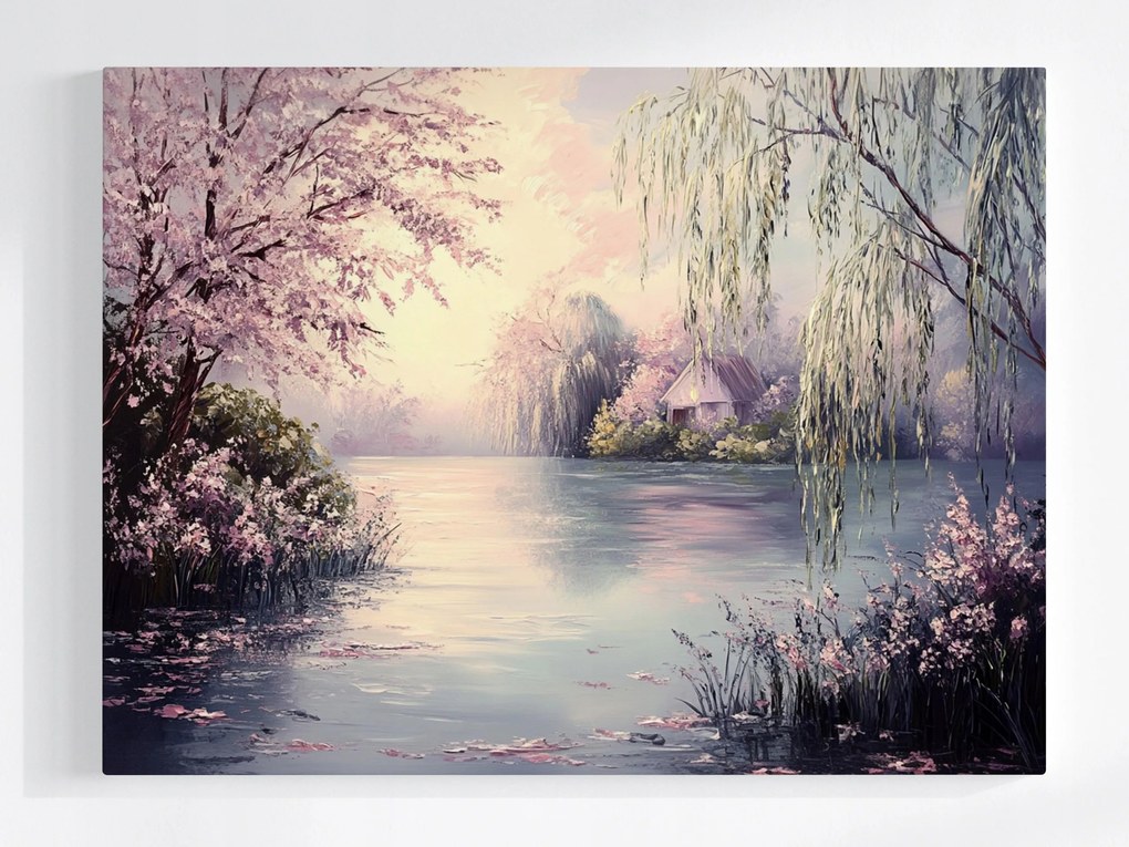 Vászonkép Canvas Tájkép Tavasz Víz Tó Fűzfa Cseresznye 80x60