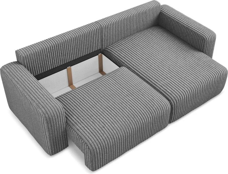 Szürke kordbársony kinyitható-tárolóhelyes sarokkanapé (jobb oldali-heverő résszel) Kona – Makamii