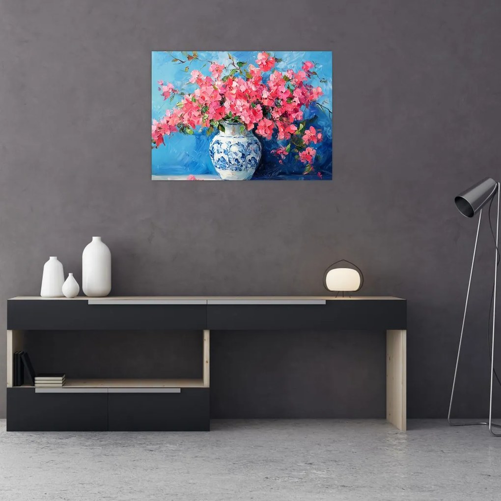 Üveg kép - Váza rózsaszín virágokkal (70x50 cm)