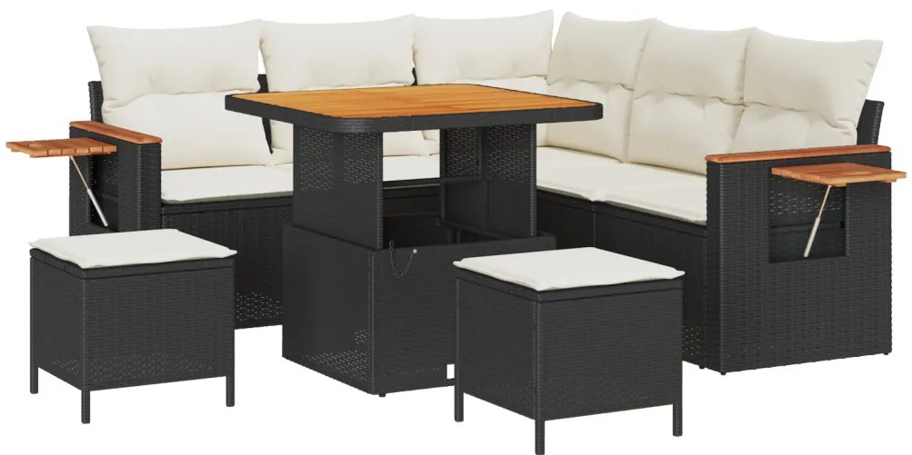 8 részes kerti kanapé szett párnákkal Fekete Polyrattan Akác, 3 részes kerti étkező szett párnákkal Fekete Polyrattan Akác