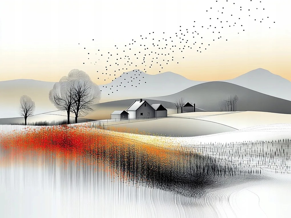 Vászonkép Canvas Tájkép Hegyek Dombok Falu Mezők Virágok Madarak 100x75