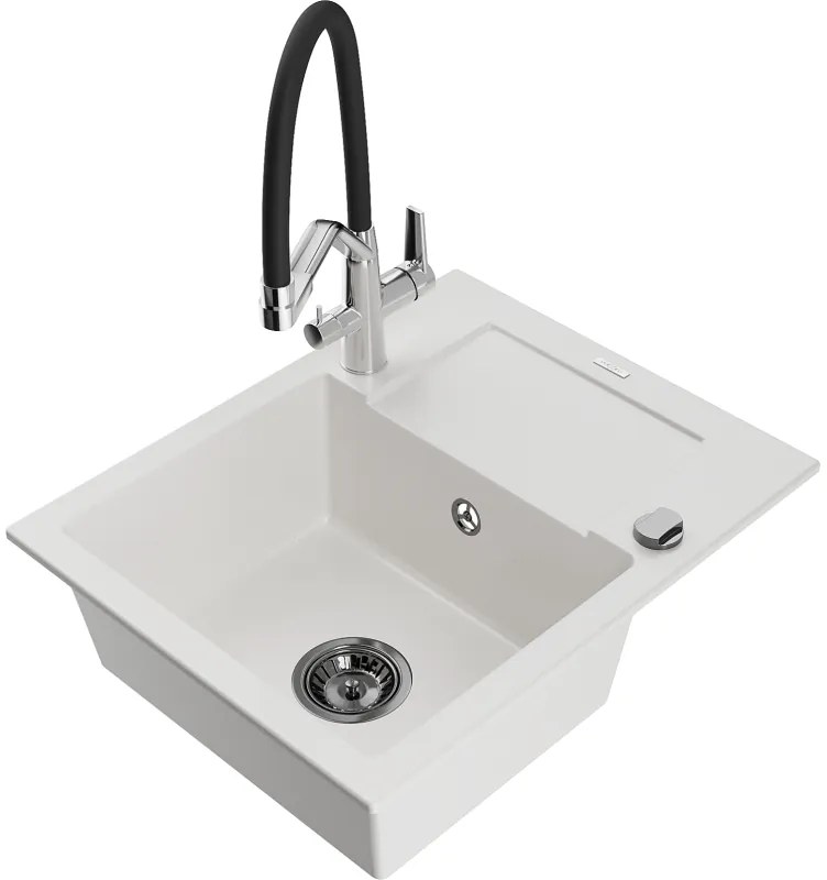 Mexen Enzo 1 rekeszes gránit mosogató lefolyóval és Duo konyhai csapteleppel, fehér - 6506-20-671701-07-B