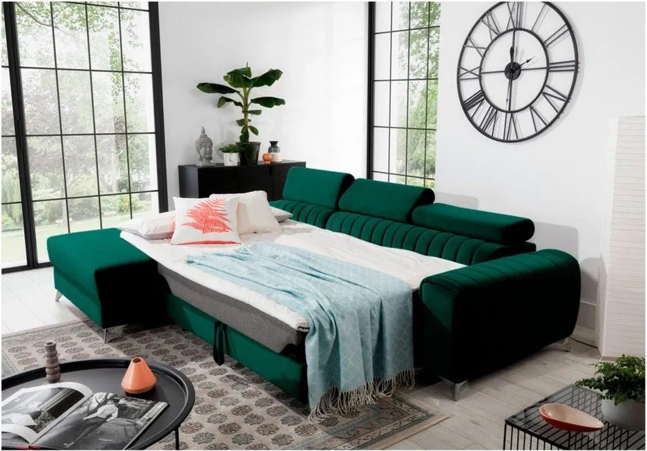 Zöld bársony kinyitható-tárolóhelyes sarokkanapé (bal oldali-heverő résszel) Grayson – ELTAP